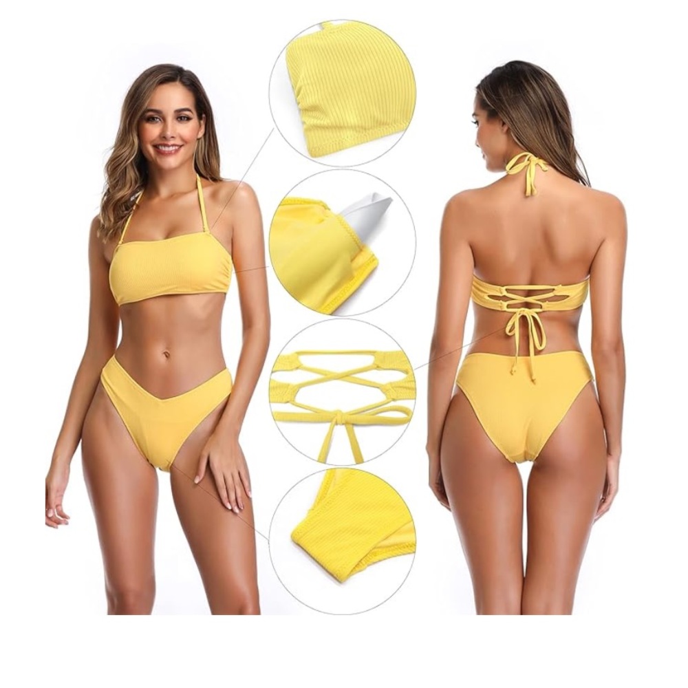 SHEKINI 2 Piece Swimsuit Ribbed Lace up Bandeau Bikini Set High Cut Bathing Suit